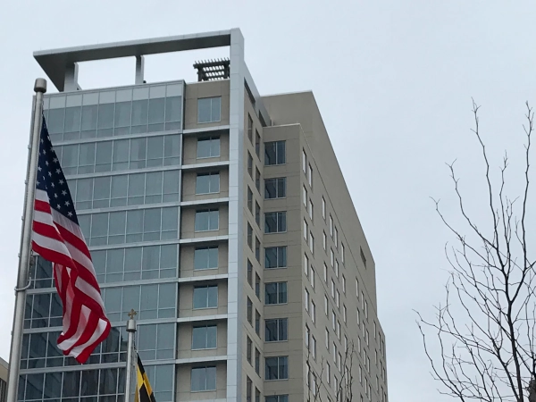 A beautiful view of Baltimore and John Hopkins from the rooftop pergola