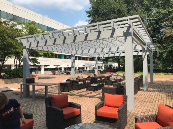 Modern style pergola in a large public courtyard